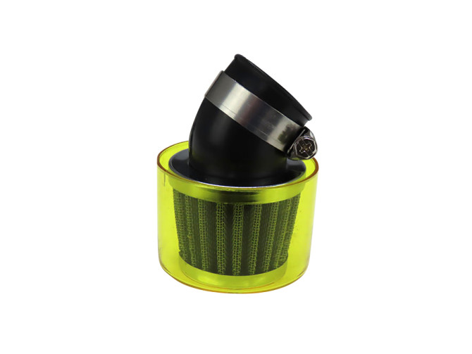 Luchtfilter 26mm / 35mm powerfilter schuin 45 graden chroom met gele kap product