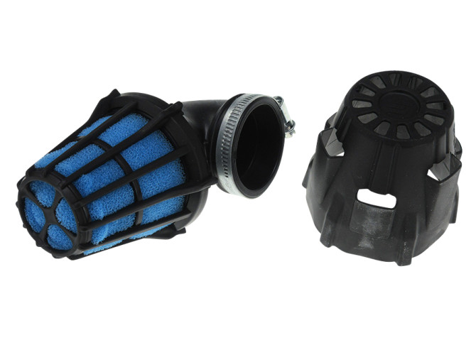 Luchtfilter 46mm schuim Polini Air Box haaks 90 graden zwart / blauw product