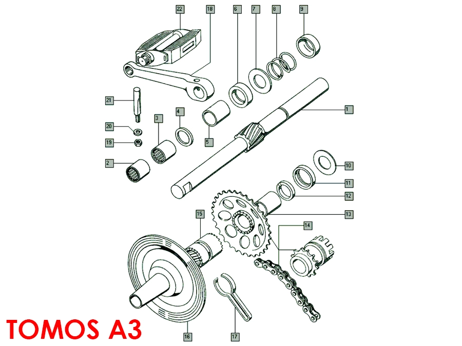 Pedal crank axle Tomos A3 / A35 / A52 / A55 spring