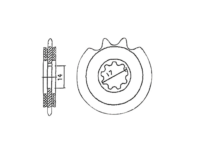 Front sprocket Tomos 2L / 3L 13 teeth Esjot A-quality rubber product