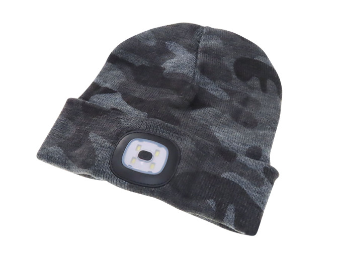 Beanie hat with LED lamp grey camouflage product