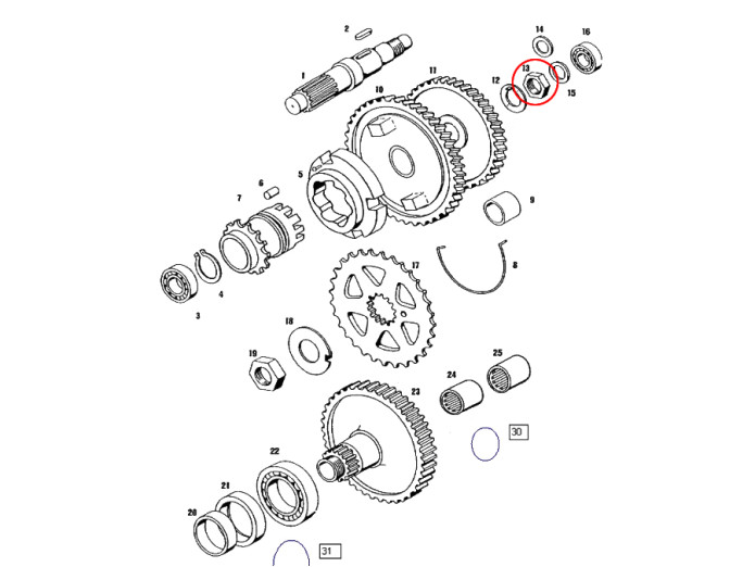 Hoofdas Tomos A35 / A52 / A55 moer M14x1