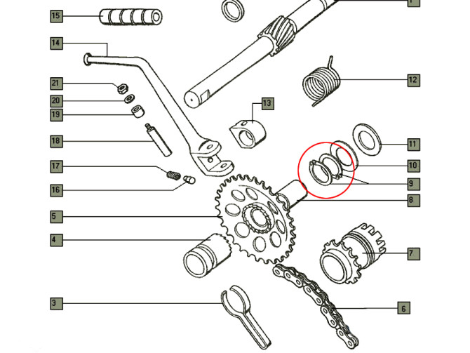 Kickstart axle Tomos A35 / A52 / A55 starter sprocket circlip A16  product