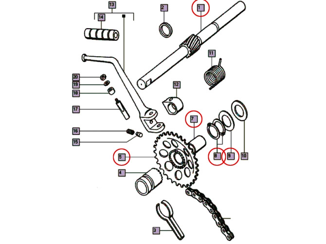 Kickstart axle Tomos A35 / A52 / A55 with sprocket complete product