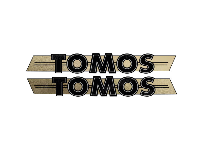 Sticker Tomos logo tank / universeel zwart / goud 200x28mm main