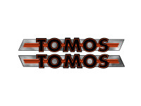 Sticker Tomos logo tank / universeel oranje / zwart op chroom 200x28mm