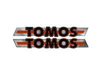 Aufkleber Tomos Logo Tank / Universal Schwarz / Orange auf Chrom 200x28mm