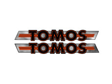 Aufkleber Tomos Logo Tank / Universal Schwarz / Orange auf Chrom 200x28mm