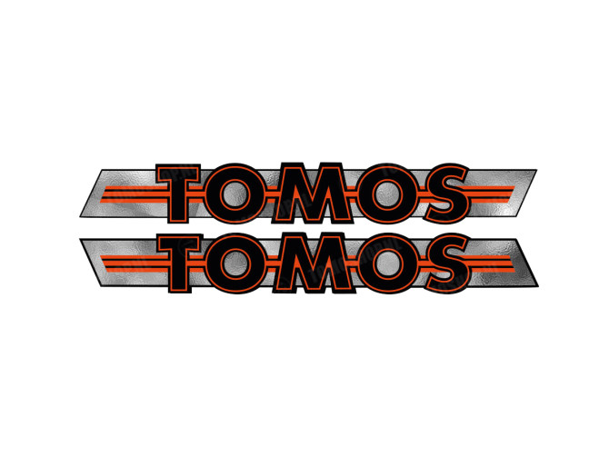 Aufkleber Tomos Logo Tank Universal Schwarz Orange auf Chrom main