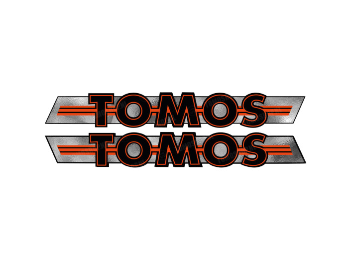 Aufkleber Tomos Logo Tank Universal Schwarz Orange auf Chrom