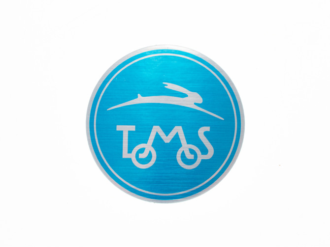Sticker Tomos logo rond 55mm geborsteld aluminium blauw product