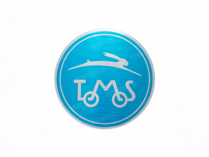 Sticker Tomos logo round 55mm brushed aluminum blue main
