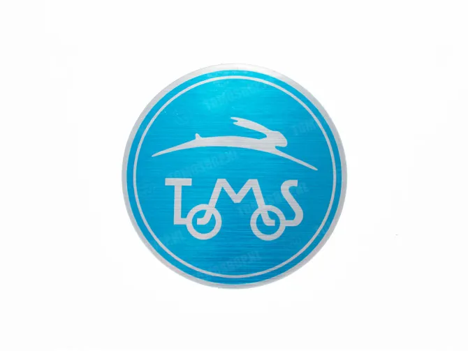 Sticker Tomos logo rond 55mm geborsteld aluminium blauw main