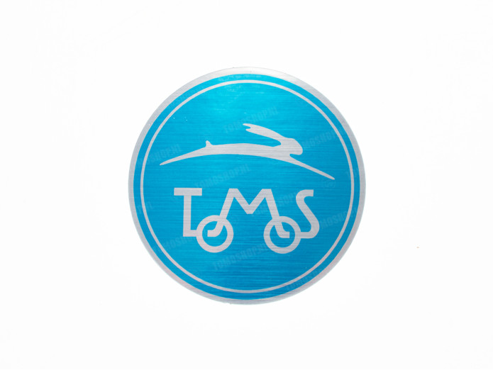 Sticker Tomos logo rond 55mm geborsteld aluminium blauw