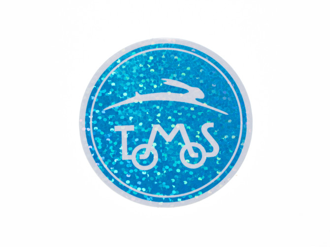 Sticker Tomos logo rond 55mm 80's retro Glitter blauw product