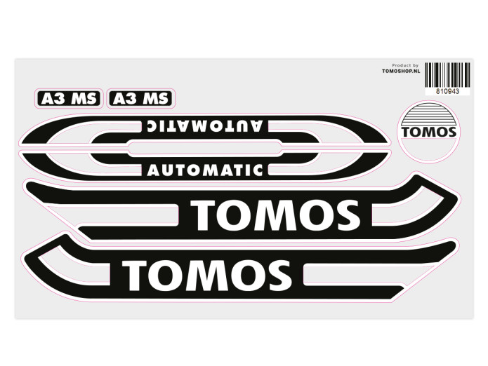 Sticker Tomos A3 MS Automatic white / black transparent set (own frame color)