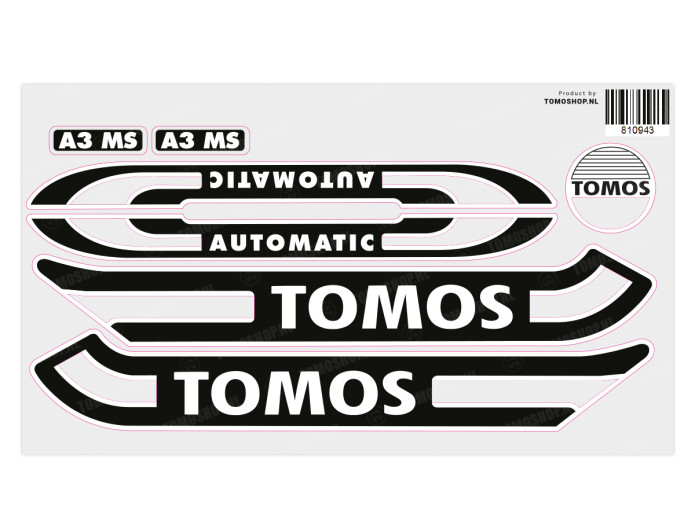 Sticker Tomos A3 MS Automatic zwart / wit transparant set (eigen frame kleur)
