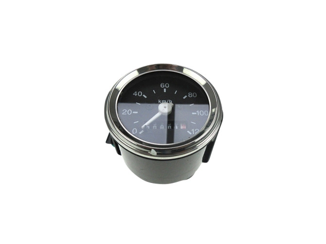 Speedometer universal 60mm black with chrome ring 120 km/h