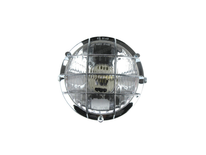 Headlight round 130mm cross with grill black with chrome (P26S / SV8.5)