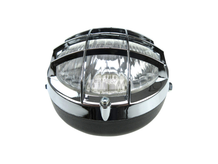 Koplamp rond 130mm cross met grill zwart met chroom (BA20D)