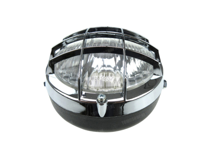 Headlight round 130mm cross with grill black with chrome (P26S / SV8.5)