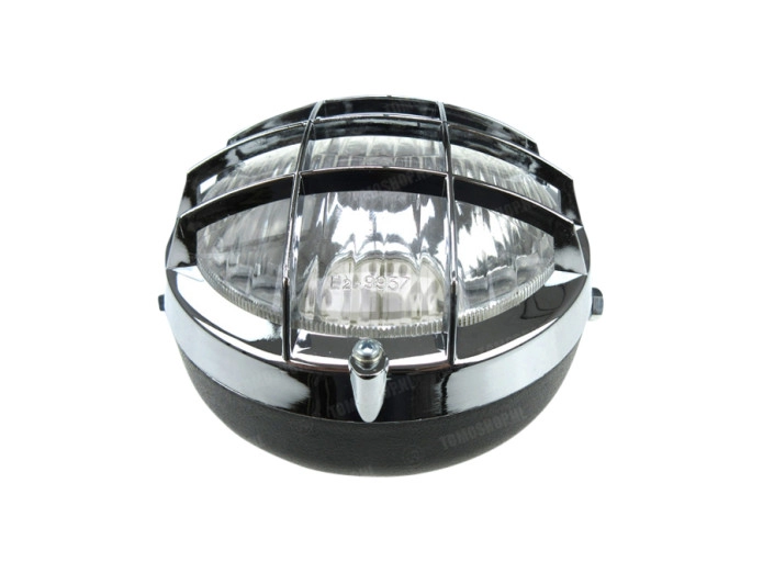 Headlight round 130mm cross with grill black with chrome (BA20D)