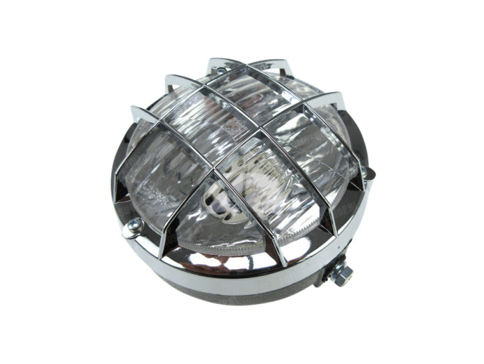 Headlight round 130mm cross with grill black with chrome (P26S / SV8.5)