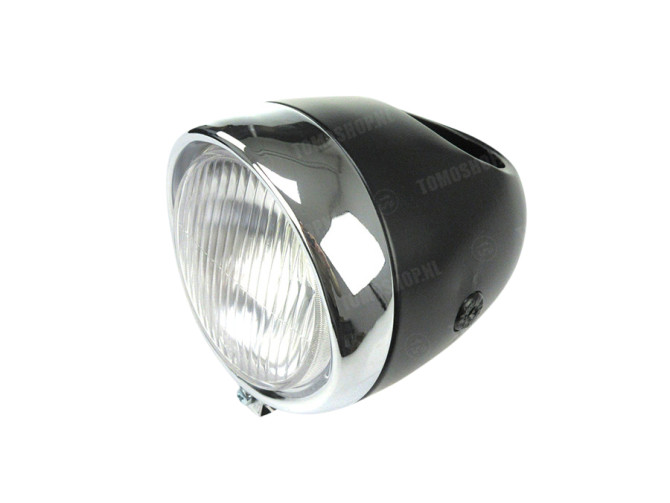 Headlight round 130mm egg model large model black with chrome GUIA main