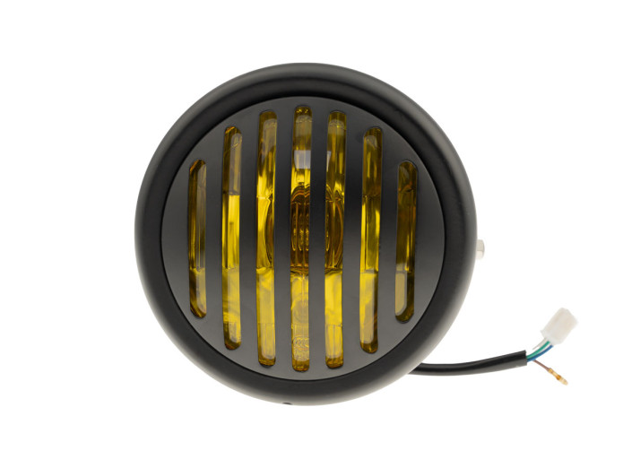 Headlight round 165mm halogen 12V 35W matt black yellow glass with grill