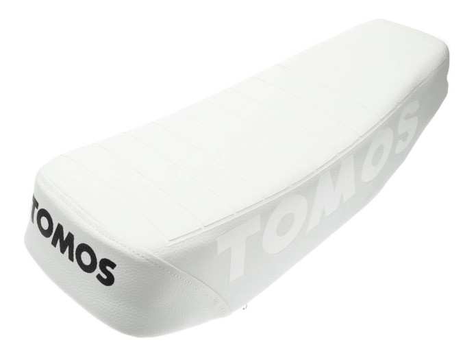 Zadel buddyseat Tomos A3 / A35 lang custom met gestanst logo wit 