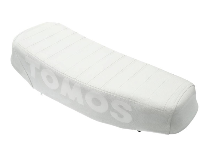 Zadel buddyseat Tomos A3 / A35 lang custom met gestanst logo wit 