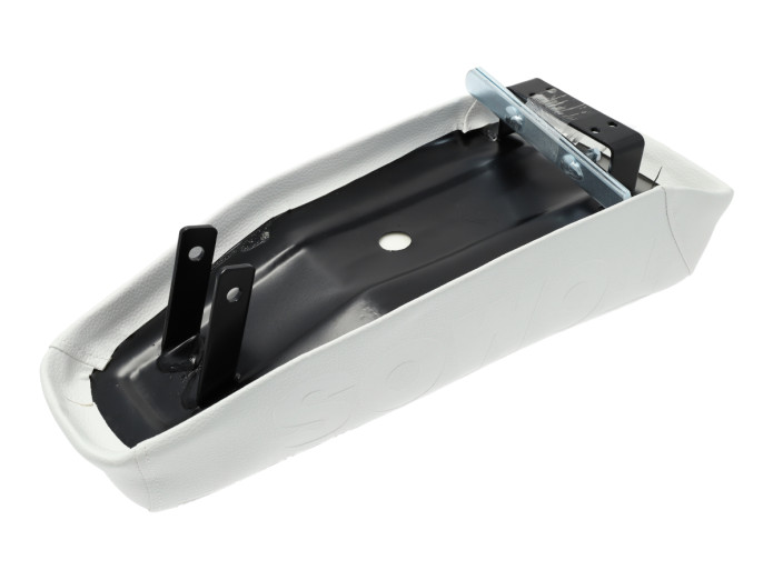 Zadel buddyseat Tomos A3 / A35 lang custom met gestanst logo wit 