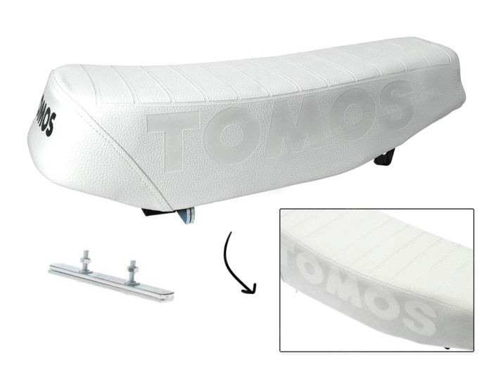 Sitze Buddyseat Tomos A3 / A35 Lang Custom mit gestanztem Logo Weiss 